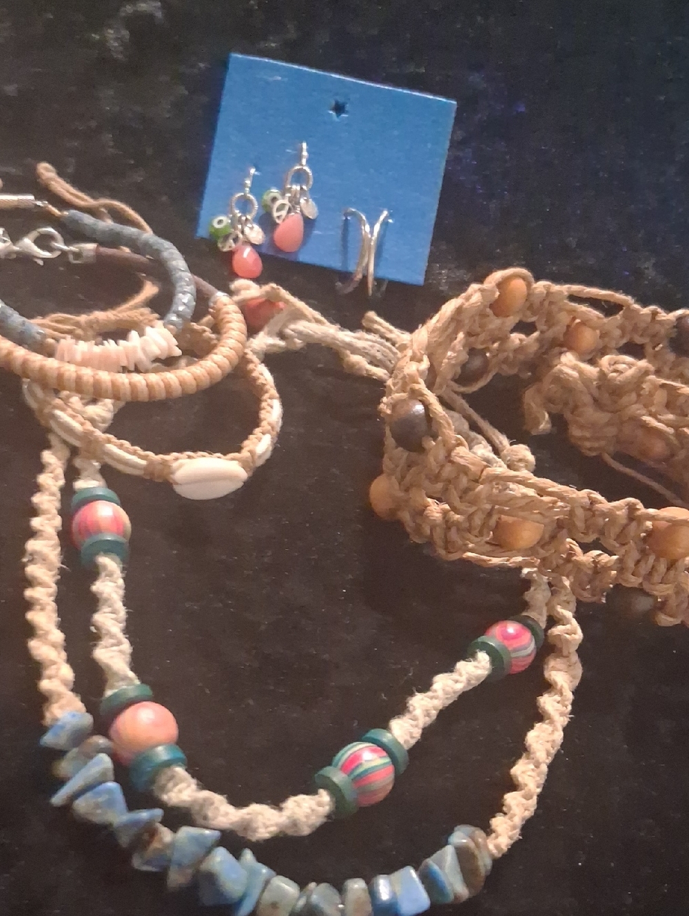 Boho Natural Pink & Blue Beaded Macrame Necklace and Earring Set